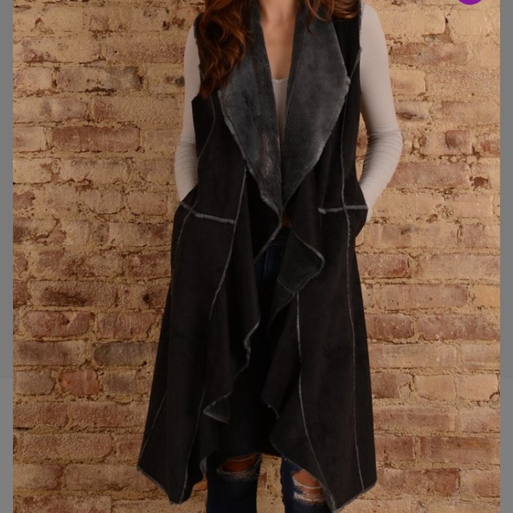 Black Sherpa lined faux Suede duster vest